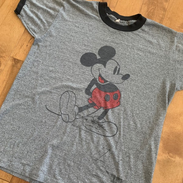 70s Mickey Mouse Black Grey Ringer T-shirt Vintage 1970s Made in USA 50/50 Unofficial Disney Cartoon Character Tee Streetwear Sportswear