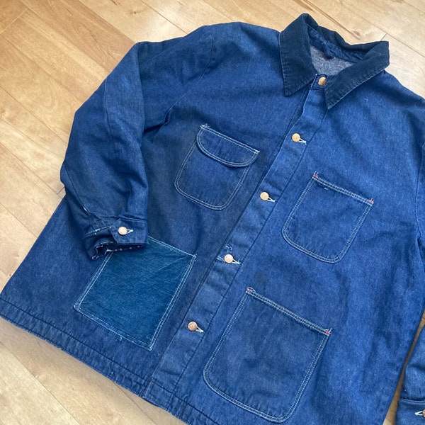 80s Denim Chore Jacket Vintage 1980s Blanket Lined Blue Jean Barn Coat Workwear Corduroy Collar Retro Fashion Faded Hand Mending