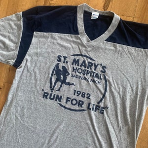 1982 Champion Run For Your Life Jersey Style T-shirt Vintage 1980s Made in USA 50/50 Ringer V-neck Tee St. Mary's Hospital Saginaw Michigan