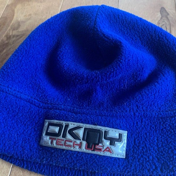 90s DKNY Tech USA Blue Fleece Beanie Vintage 1990s Donna Karan New York Retro Fashion Winter Toque Hat Designer Brand