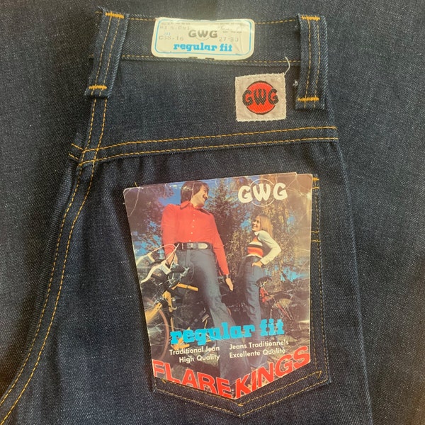 Rare 1970s Deadstock GWG Flare Kings Jeans Vintage Made in Canada 27 Cotton Polyester Denim Regular Fit Retro New Old Stock Pocket Flasher