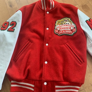 70s Southwood Escuela Secundaria Sabres Letterman Jacket Vintage 1970s Rojo Blanco Cuero Bomber Coat High School Football Cambridge Ontario