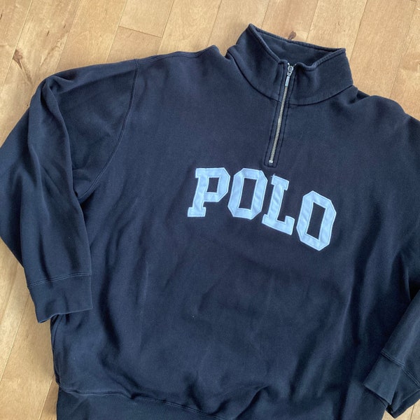 1990s Polo Sport by Ralph Lauren Pullover Sweatshirt Vintage Black Quarter Zip Sweater American Fashion Designer Brand Sportswear