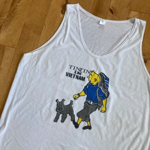 Lata 90. Tintin w Wietnamie Przygody Tintina Koszulka bez rękawów Vintage 100% bawełny XL Koszulka bez rękawów Francuska postać z komiksu Remi