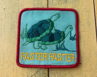 1980s Vintage Turtle Faster Faster Novelty Embroidered Patch Humour Parody Sex Badge