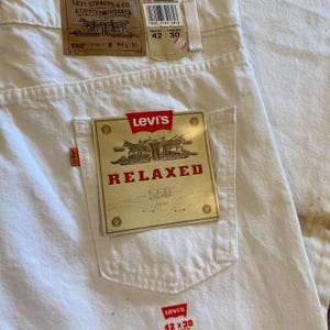 Deadstock 1990s Vintage LEVI&#39;S 550 Orange Tab Jeans Straight Leg White Denim Pants