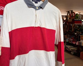 1990s Vintage POLO RALPH LAUREN Colourblocked Rugby Shirt Striped Collared Long Sleeve Polo