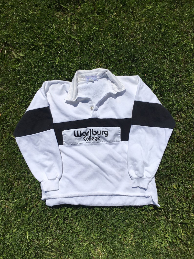 Vintage Wartburg College Rugby Shirt Black and White Long Sleeve Colour Block 90s Made in USA Waverly Iowa Large Collared Striped Sportswear