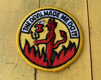 1980s Vintage The Devil Made Me Do It Embroidered Patch Fire Demon Humour Badge Satan