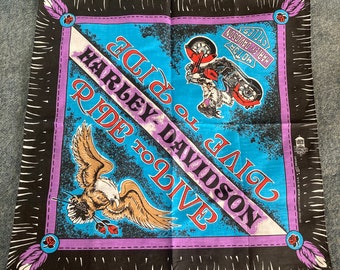 Vintage 1980s Harley Davidson Motorcycles Bandana Made in USA 50/50 Biker Accessory American Eagle Live to Ride Ride to Live Handkerchief