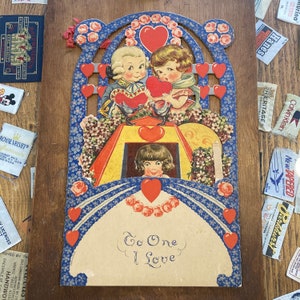 Tarjeta emergente del día de San Valentín de la década de 1930 Vintage Antique Made in Germany Tarjeta de felicitación navideña Corazón floral Amor Cupido Papel Ephemera Coleccionable