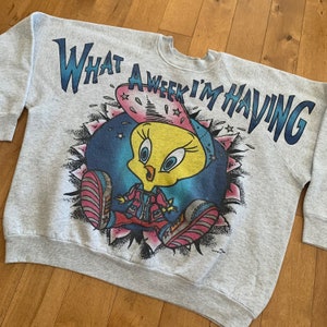 1995 Tweety Bird Qué semana estoy teniendo Crewneck suéter Vintage 1990s Looney Tunes Warner Bros Jersey sudadera personaje de dibujos animados