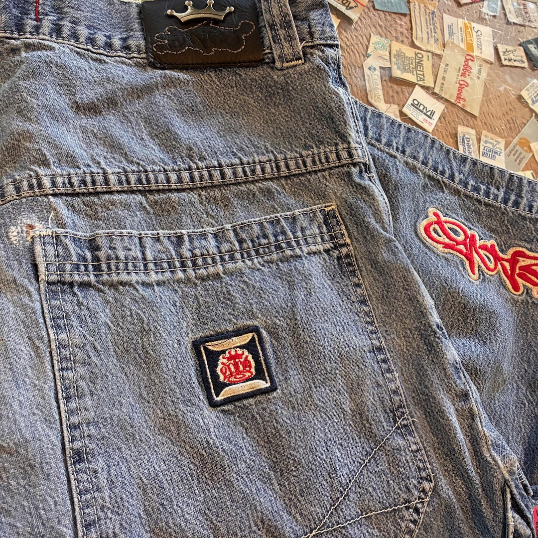 1990s Vintage JNCO Light Wash Denim Shorts Embroidered Graffiti