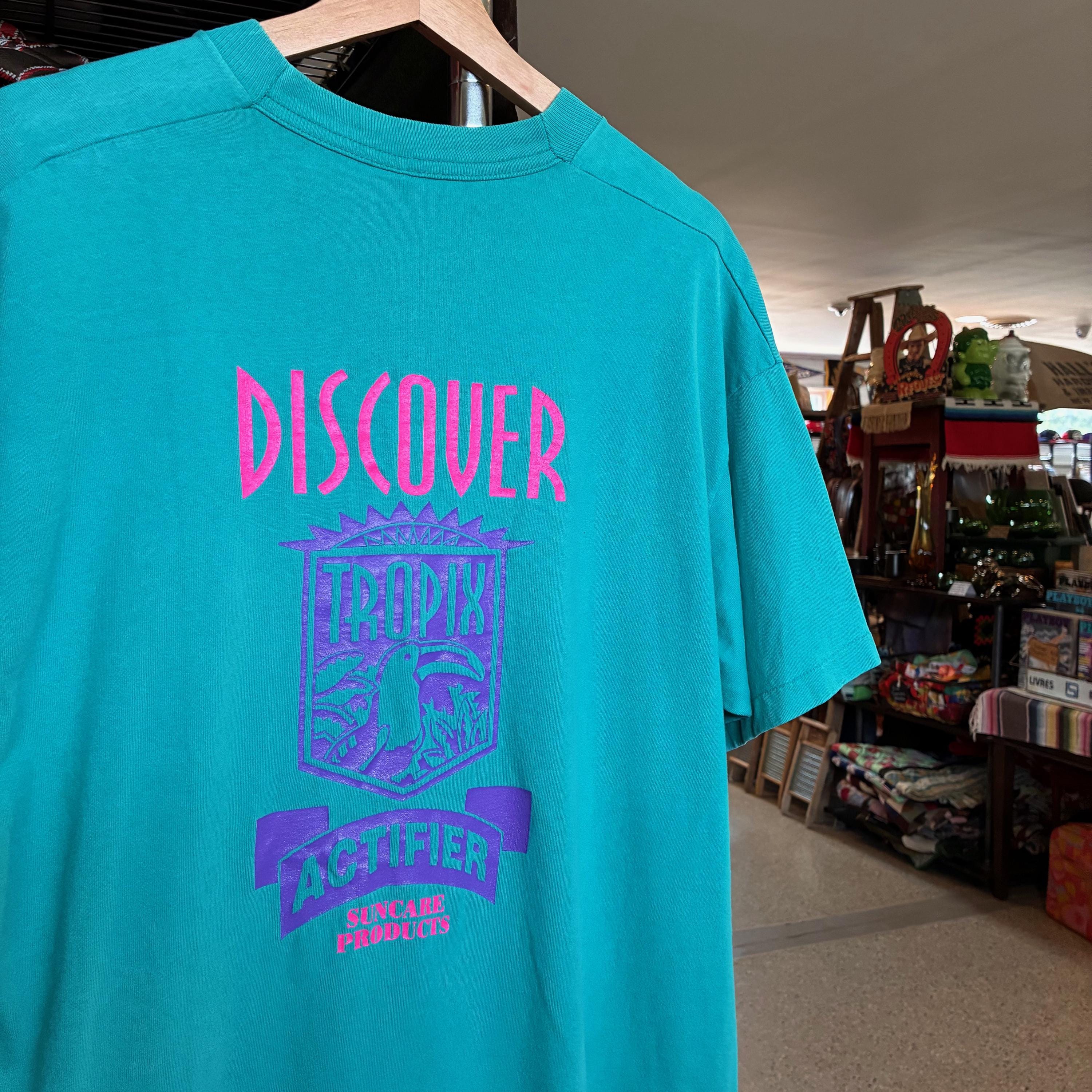 1990s Vintage TROPIX ACTIFIER Sunscreen Promo T-shirt Turquoise