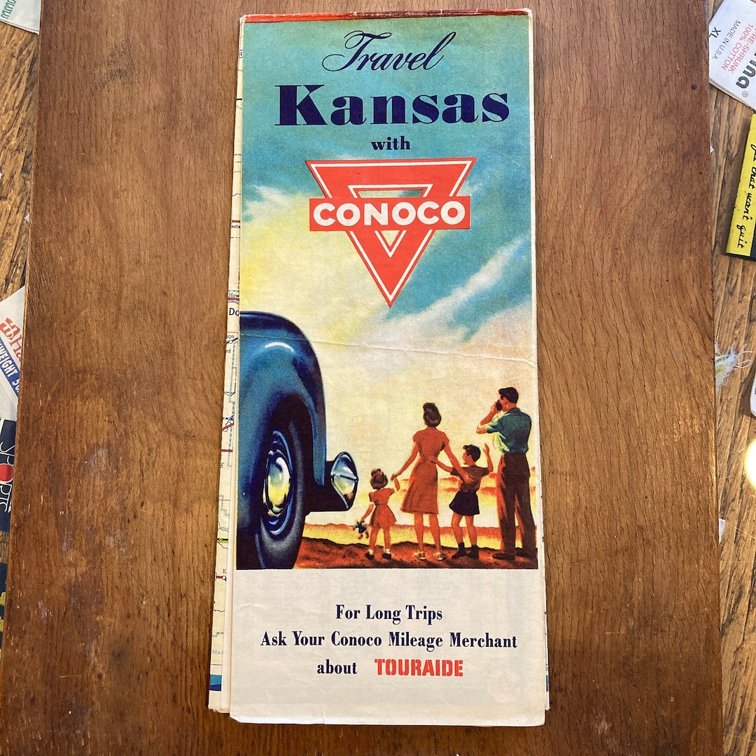 1960s Conoco Kansas Road Map Vintage Ephemera Petroliana Road Trip