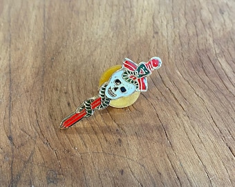 1980s Vintage SKULL SWORD SNAKE Enamel Lapel Pin Retro Motorcycle Biker Pinback Button