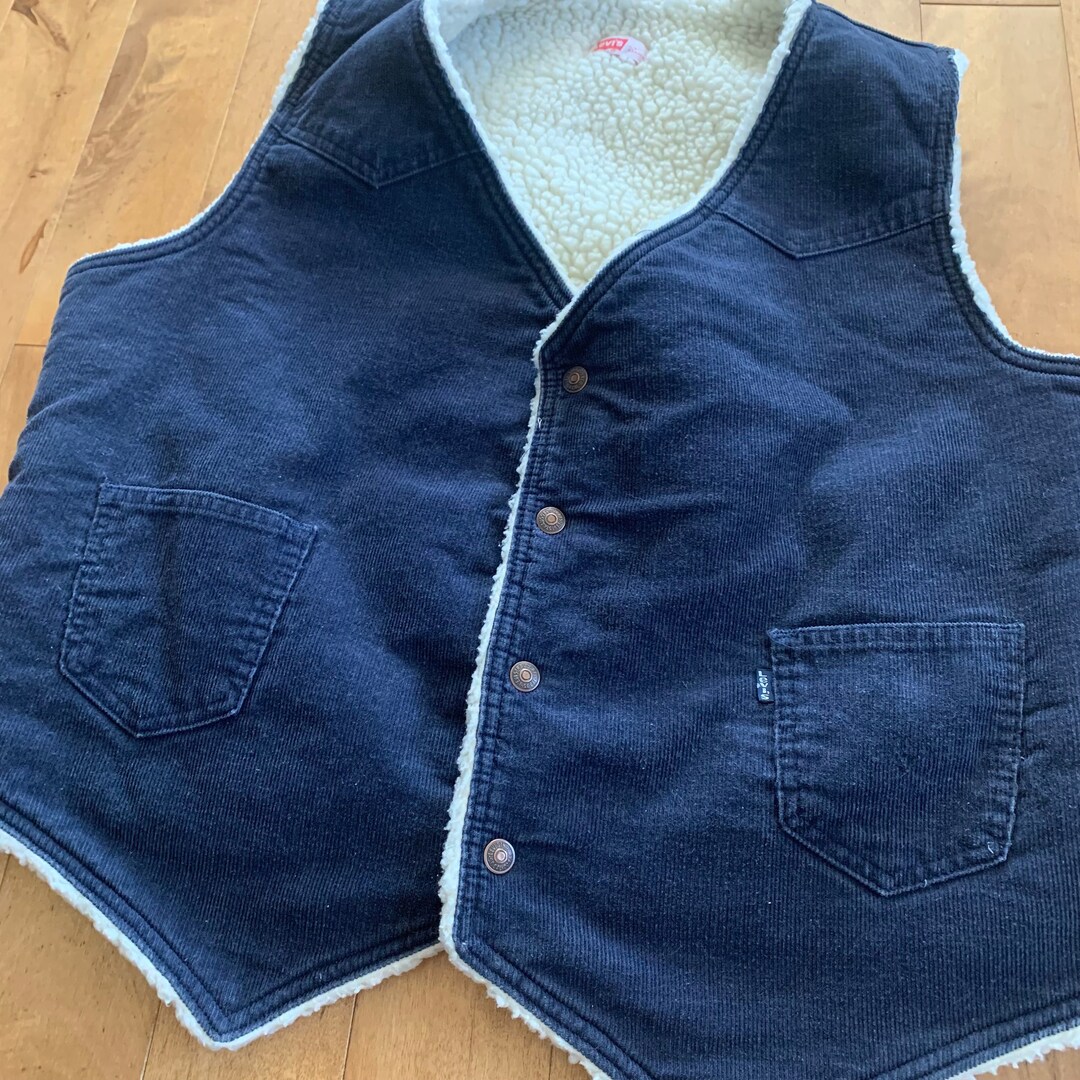 80s Levi's Navy Blue Corduroy Sherpa Lined Vest Vintage 1980s Made in ...