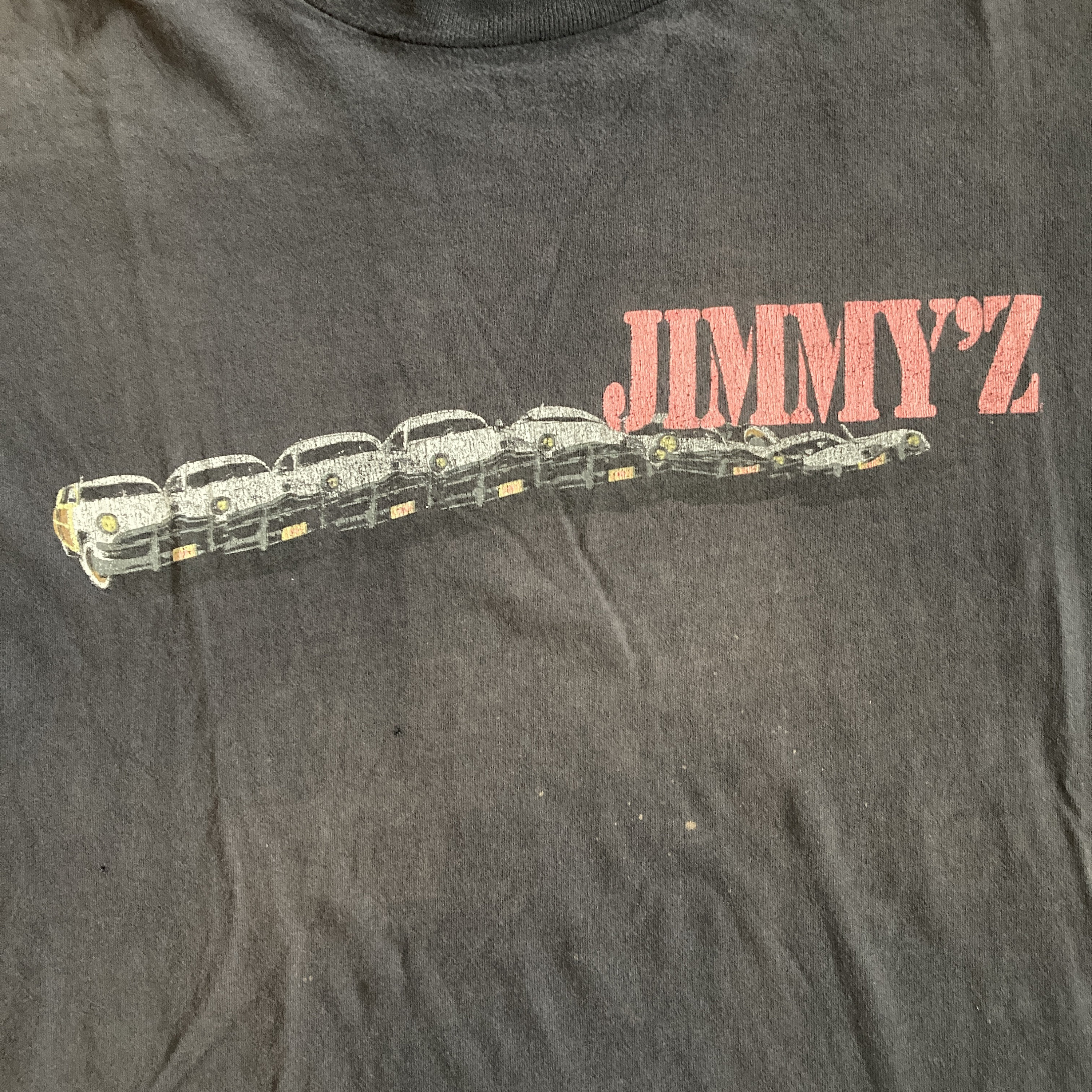 Vintage 90s Jimmy'z T-shirt, Woody Wagon Graphic, Faded Black