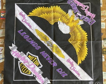Rare 1980s Harley Davidson Motorcycles Bandana Vintage Made in USA 50/50 Biker Accessory Fashion Motorcycles Legends Never Die Bald Eagle