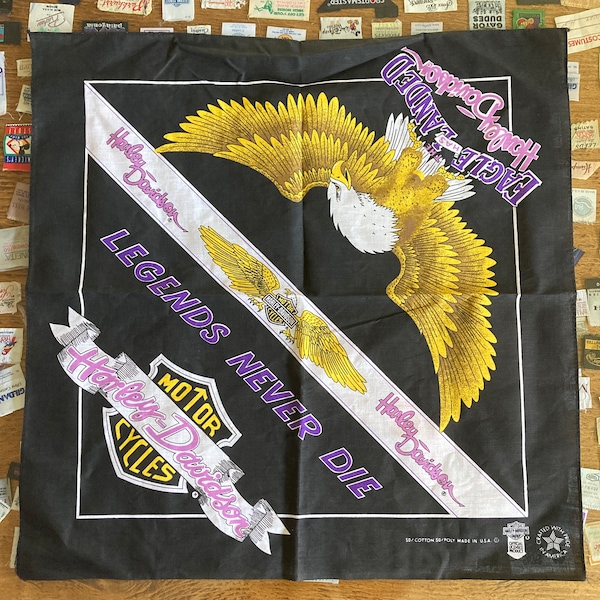 Rare 1980s Harley Davidson Motorcycles Bandana Vintage Made in USA 50/50 Biker Accessory Fashion Motorcycles Legends Never Die Bald Eagle