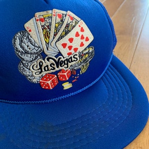 80s Vintage Las Vegas Snapback 1980s Blue Mesh Braided Design Puffy Print Tourist Souvenir Merchandise Trucker Cap