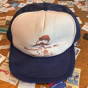 1980s Vintage WURTSMITH Air Force Base Trucker Hat Flying Ace Snoopy Red Baron Peanuts Meshback Baseball Cap