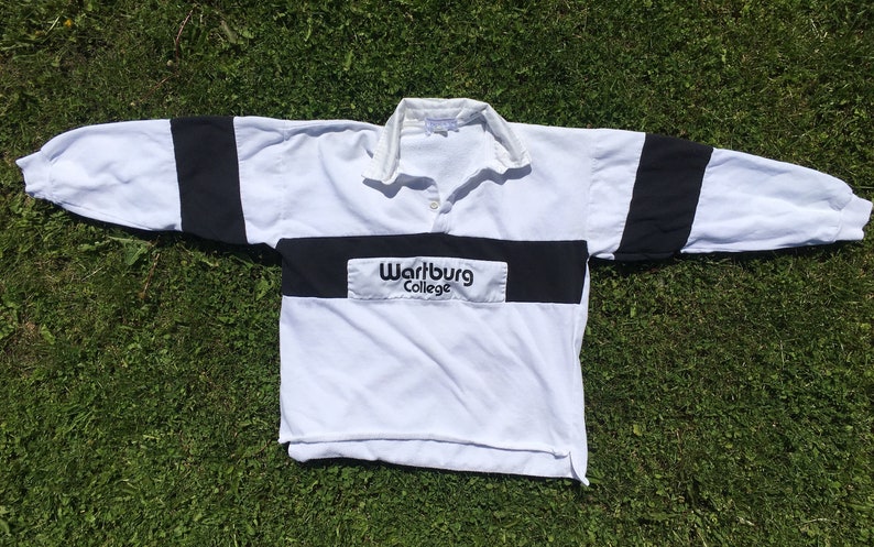 Vintage Wartburg College Rugby Shirt Black and White Long Sleeve Colour Block 90s Made in USA Waverly Iowa Large Collared Striped Sportswear