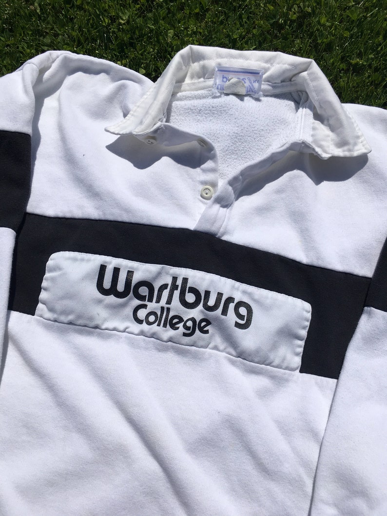 Vintage Wartburg College Rugby Shirt Black and White Long Sleeve Colour Block 90s Made in USA Waverly Iowa Large Collared Striped Sportswear