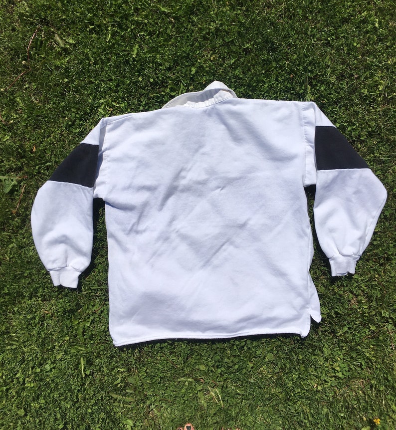 Vintage Wartburg College Rugby Shirt Black and White Long Sleeve Colour Block 90s Made in USA Waverly Iowa Large Collared Striped Sportswear