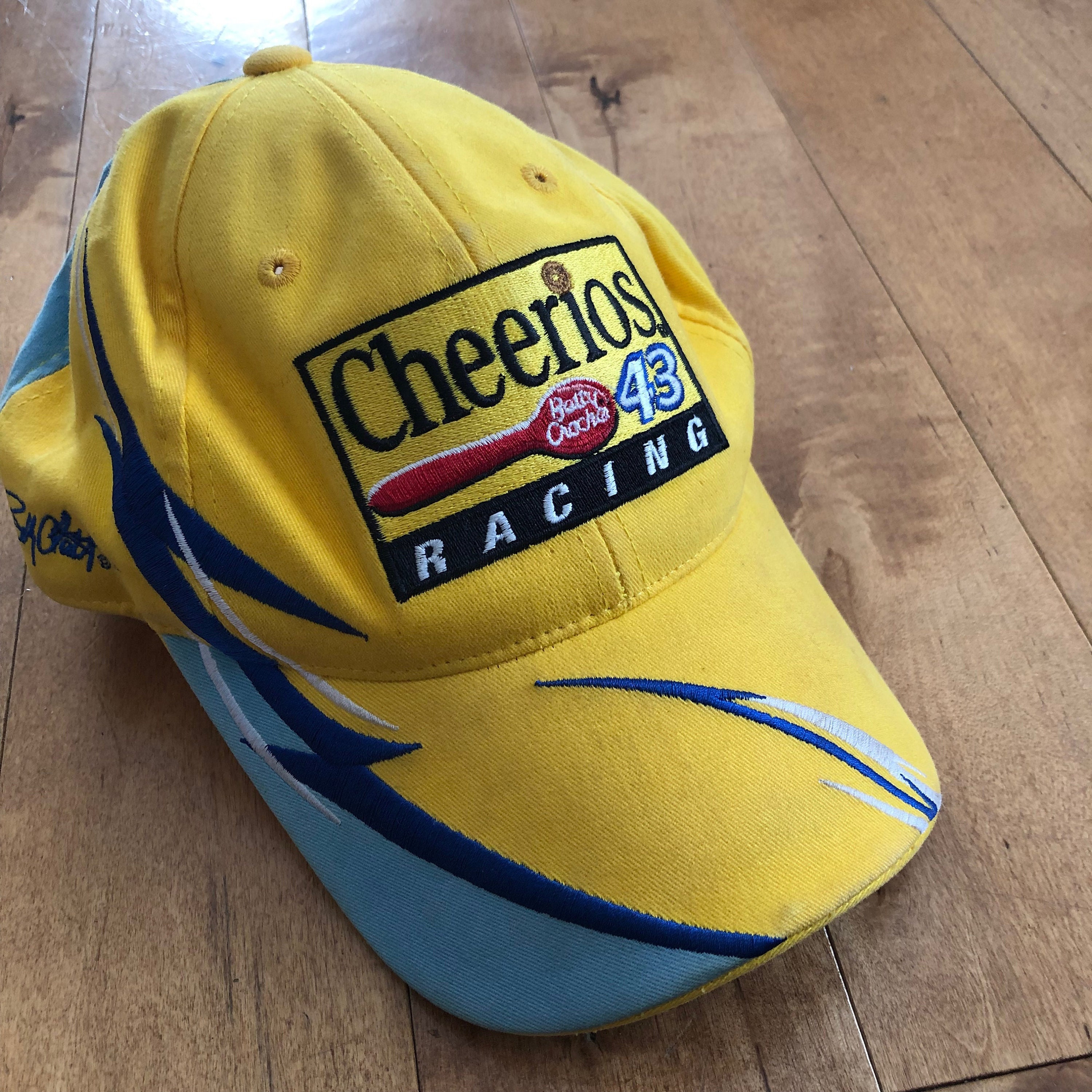 Early 2000s Bobby Labonte Cheerios Cereal Racing Baseball Cap Vintage Checkered Flag Sports Nascar Embroidered Velcro Strap Back Hat