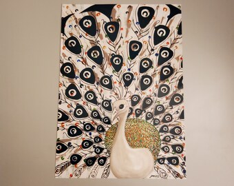May include: A white peacock with a black and white patterned tail feathers. The peacock is painted in a stylized manner with a white body and black eyes on the tail feathers.