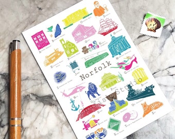 Norfolk Virginia A to Z Postcard, ABCs/alphabet card for greeting, new baby, wedding anniversary, housewarming, teacher, coworker