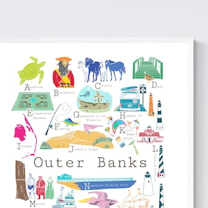 Outer Banks North Carolina A to Z Wall Art Print, by Chufish Studio ABCs/alphabet decor for the home, office, classroom, or nursery
