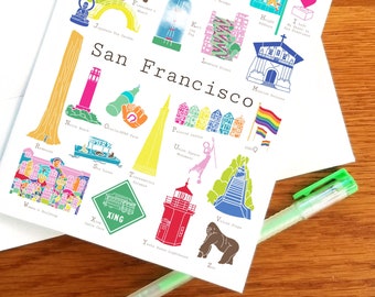 San Francisco California A to Z Greeting Card, ABCs/alphabet note card for new baby, wedding anniversary, housewarming, teacher, coworker