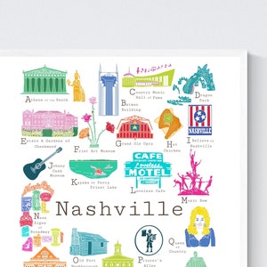 Nashville Tennessee A bis Z Wand kunstdruck, von Chufish Studio ABCs/Alphabet Dekor für Zuhause, Büro, Klassenzimmer oder Kinderzimmer