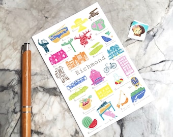 Richmond Virginia A to Z Postcard, ABCs/alphabet card for greeting, new baby, wedding anniversary, housewarming, teacher, coworker