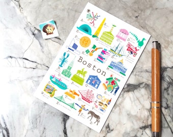 Boston Massachusetts A to Z Postcard, ABCs/alphabet card for greeting, new baby, wedding anniversary, housewarming, teacher, coworker