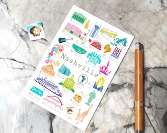 Nashville Tennessee A to Z Postcard, ABCs/alphabet card for greeting, new baby, wedding anniversary, housewarming, teacher, coworker