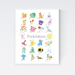 Lámina de arte mural de Pokémon de la A a la Z, de Chufish Studio Decoración del alfabeto ABC para el hogar y la sala de juegos de los niños