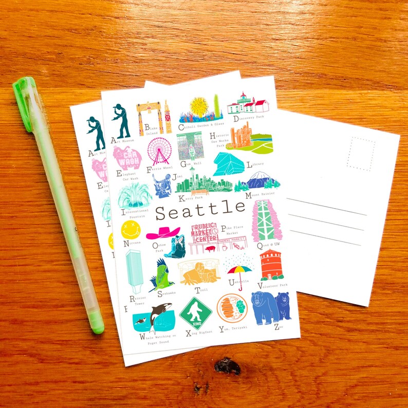 wedding anniversary Seattle Washington A to Z Postcard new baby ABCsalphabet card for greeting housewarming teacher coworker