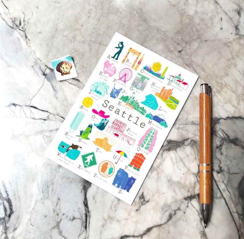 wedding anniversary Seattle Washington A to Z Postcard new baby ABCsalphabet card for greeting housewarming teacher coworker