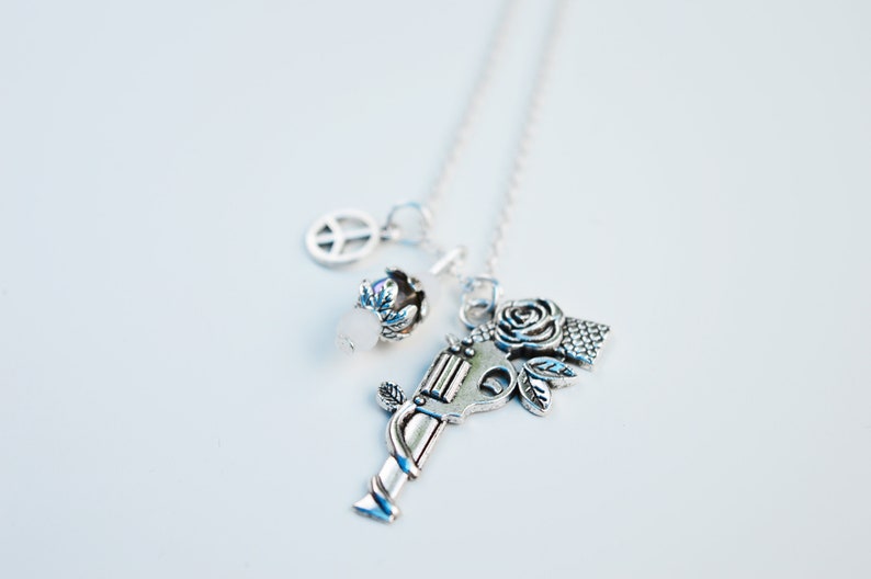 handgun roses charm peace Gun Revolver pendant necklace HandGun roses necklace Silver necklace with gun pistol revolver charm pendant