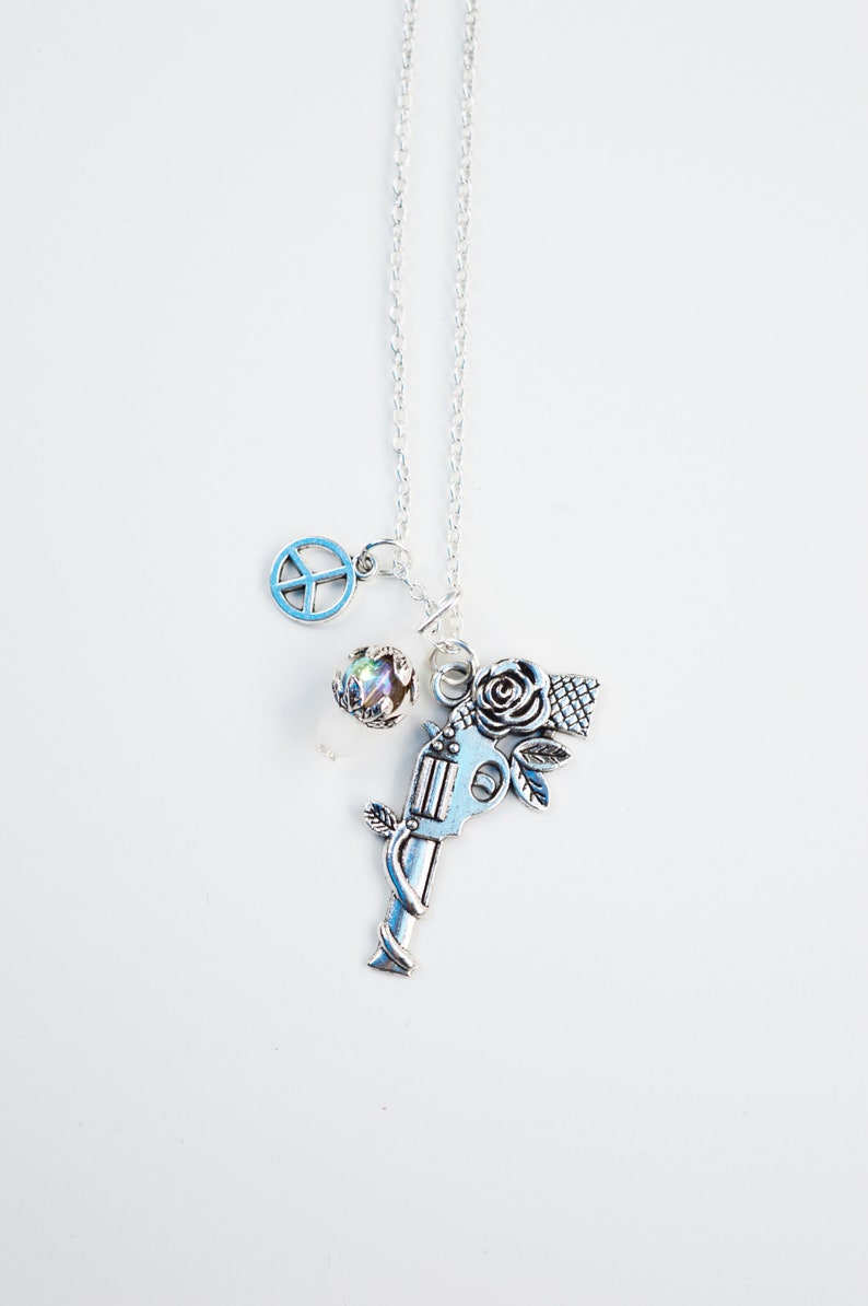 handgun roses charm peace Gun Revolver pendant necklace HandGun roses necklace Silver necklace with gun pistol revolver charm pendant