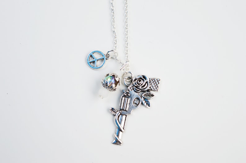 handgun roses charm peace Gun Revolver pendant necklace HandGun roses necklace Silver necklace with gun pistol revolver charm pendant