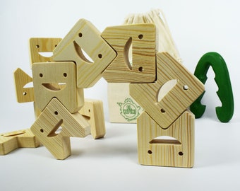 Houten balansblokken met lachende tanden (12 stuks) – stapelspel, montessorispeelgoed