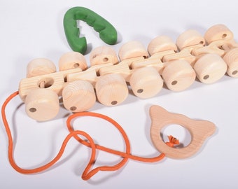 Handgemaakt houten rupstrekspeelgoed, natuurlijk houten babyspeelgoed