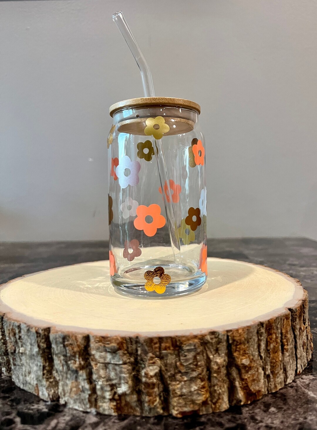Daisy Flower Can Glass: Iced Coffee Beer Cup With Bamboo Lid - Etsy