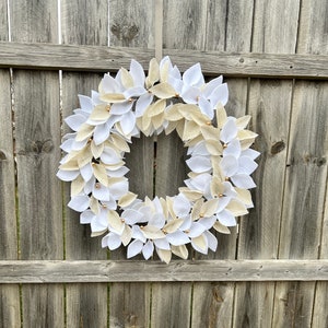 White Felt wreath, felt and burlap leaves wreath, front decor wreath