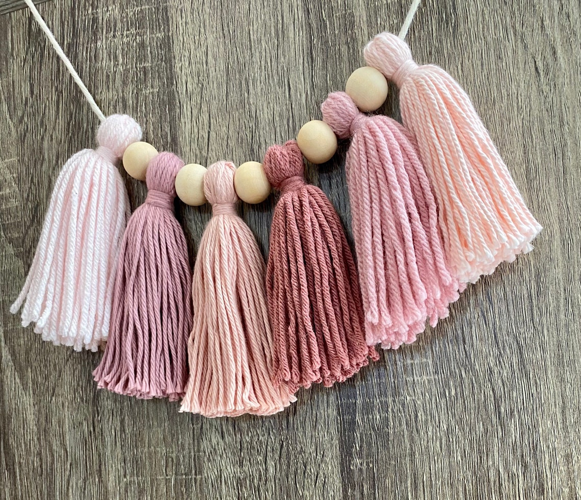 Tasruwat Pink Yarn Tassel Garland Boho Preppy Wall Hanging Decor Bunting Banner Tassels With Wood Bead For Nursery Classroom Office Birthday Party