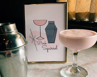 Cocktailprint uit het midden van de eeuw - roze eekhoorn **Digitale download**